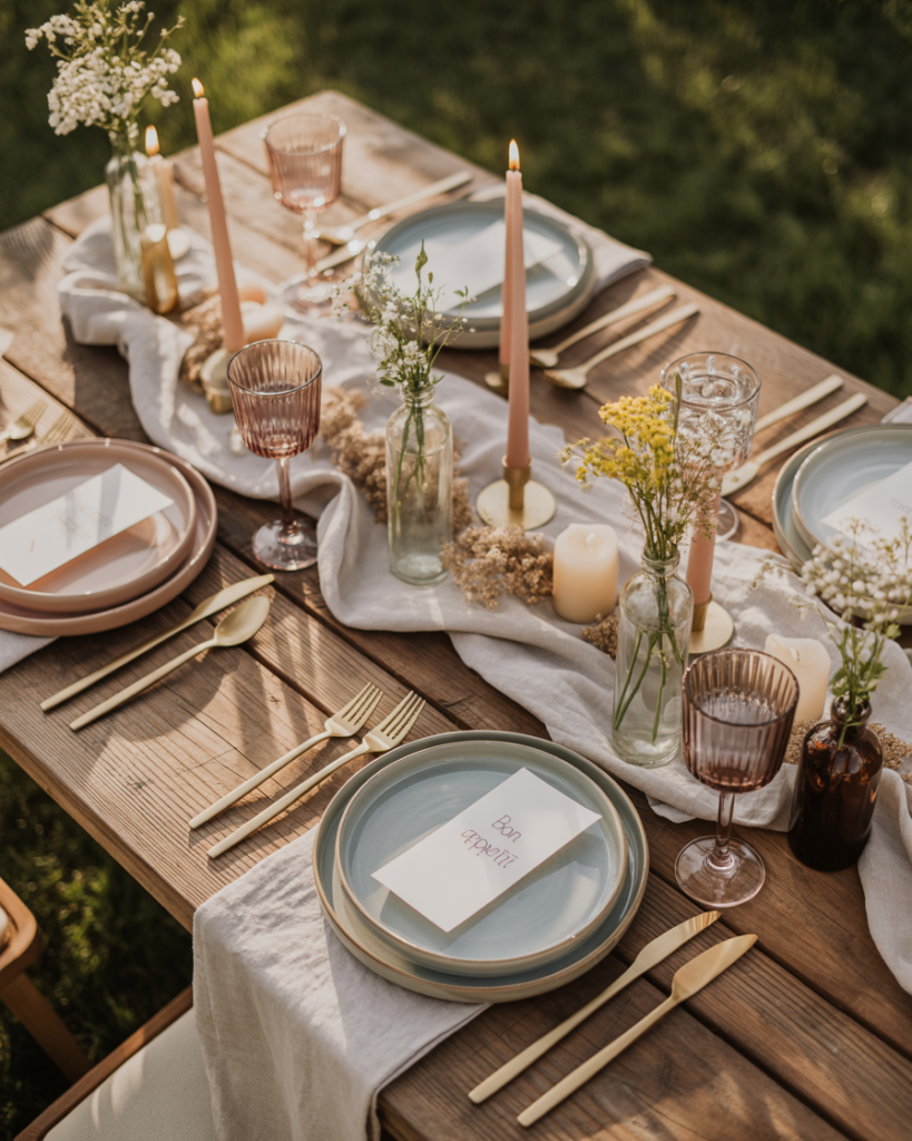 Top-down view of an outdoor summer table with layered blush and terracotta plates, gold flatware, soft linen napkins, pink candles, and delicate wildflower accents for a designer-inspired tablescape.