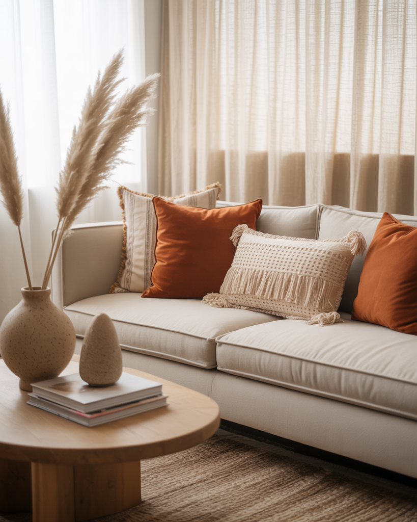 Neutral modern sofa styled with burnt orange velvet and cream textured throw pillows, paired with a natural wood coffee table, ceramic vases, and pampas grass in a cozy, sunlit living room.