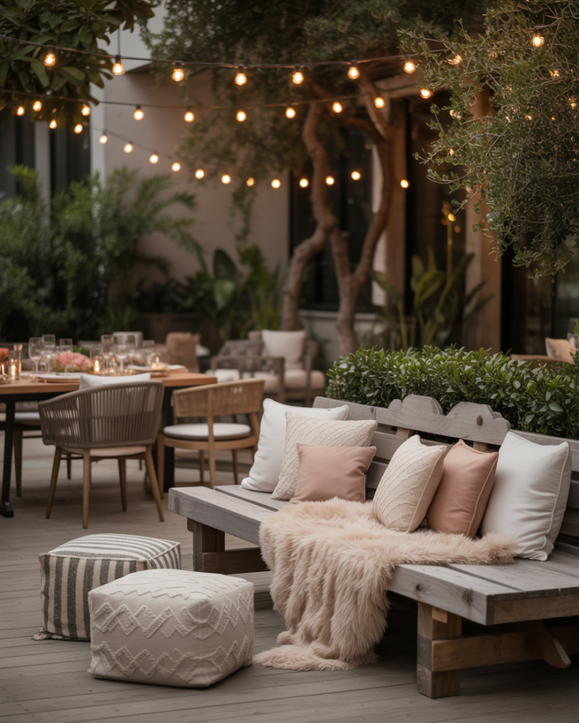 Cozy outdoor seating area with wooden bench, blush and cream pillows, a textured knit throw, poufs, and glowing string lights overhead for a romantic, designer-inspired ambiance.