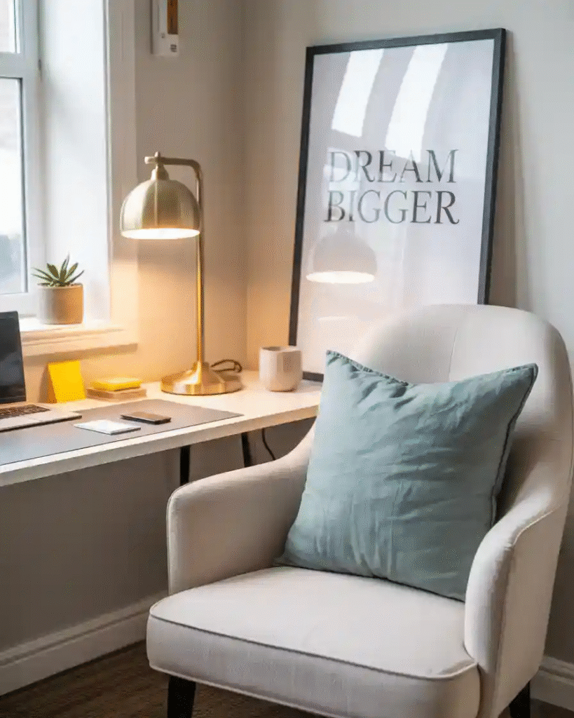 Minimalist bedroom or office corner with a cream upholstered armchair, soft blue cushion, white desk with a gold desk lamp, and a framed "Dream Bigger" print leaning against the wall. A small potted plant and candle add cozy accents