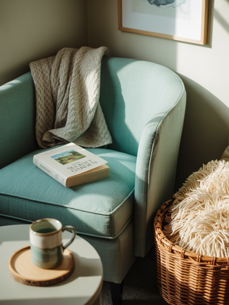 Serene corner reading nook featuring a soft seafoam green armchair with a cozy knit throw, a copy of The Secret Garden resting on the seat, and a ceramic mug on a nearby round side table. A woven basket with a fluffy cream pillow adds texture under soft natural sunlight.