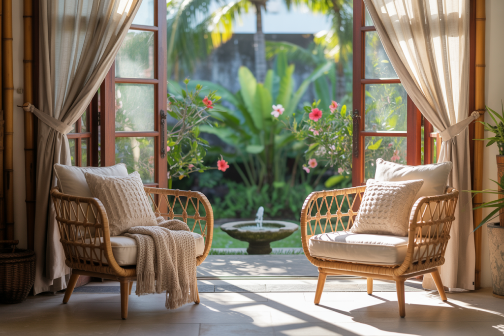 A pair of rattan lounge chairs with soft cushions and a draped throw, positioned near open doors overlooking lush hibiscus and tropical greenery, creating a serene indoor-outdoor summer retreat.