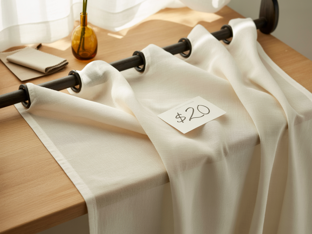 A close-up of an off-white curtain panel with grommets, draped over a wooden table with a $20 price tag placed on top; warm natural lighting highlights the soft texture, with a brown curtain rod and a small amber vase in the background.