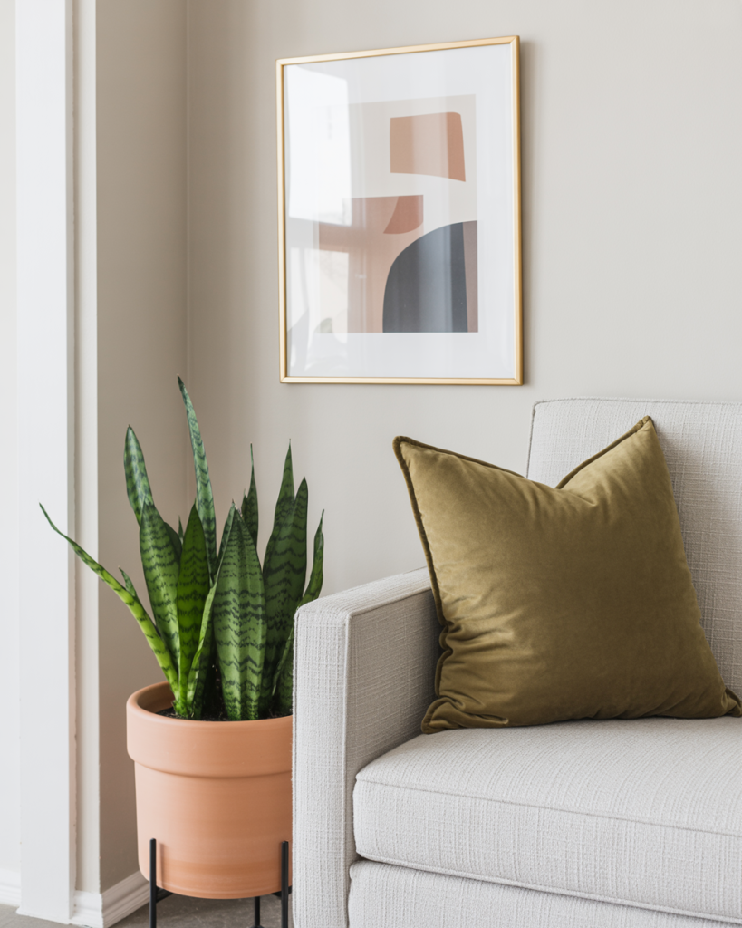 Modern corner with a neutral textured armchair, olive green velvet pillow, terracotta planter holding a snake plant, and abstract wall art in a gold frame against a beige wall.