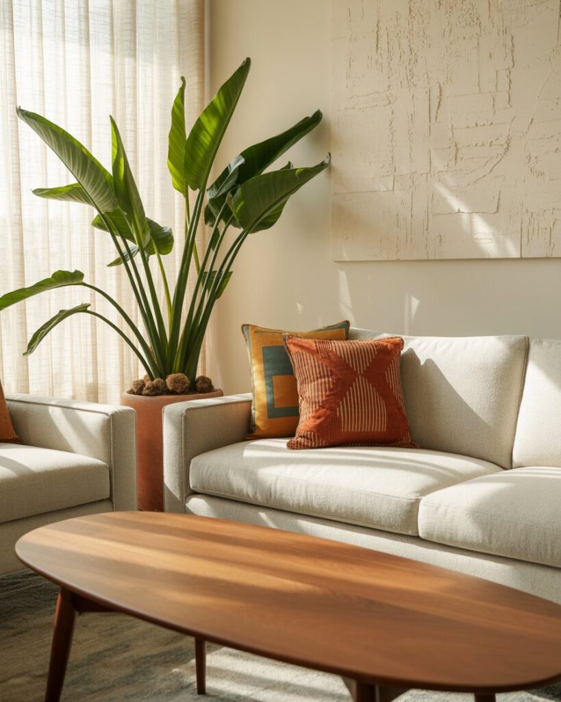 Living room with oversized bird of paradise plant, rust throw pillows, and sunlight streaming through sheer curtains