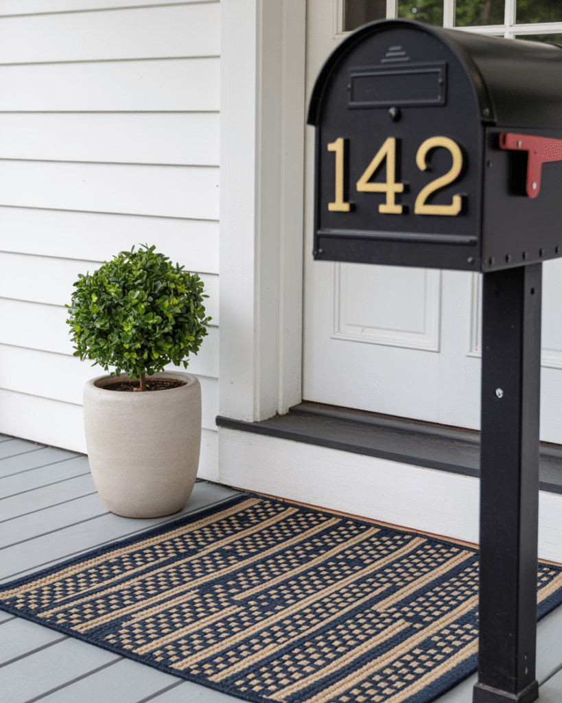 Modern black mailbox with gold house numbers, potted topiary, layered doormat, and white front door on a clean porch