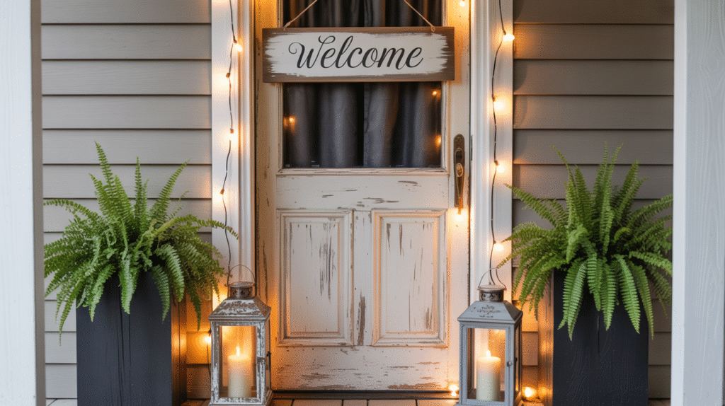 Rustic white front door with welcome sign, glowing lanterns, string lights, and potted ferns on a clean and styled porch