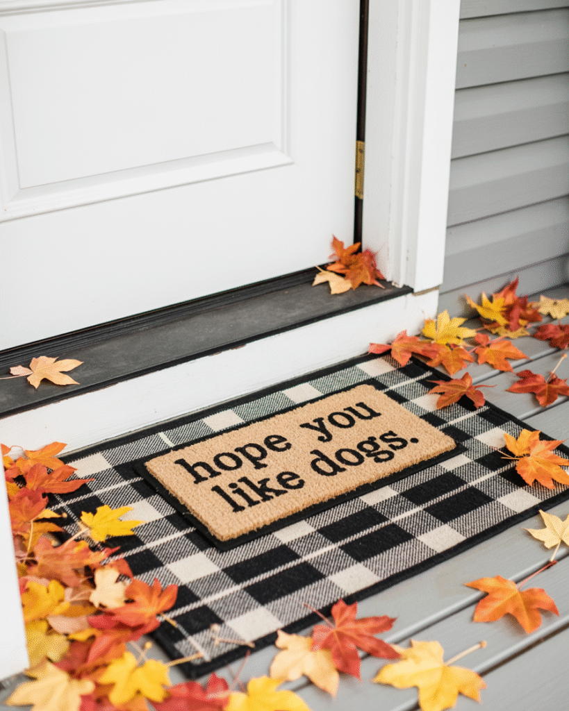 Buffalo plaid layered doormat with fall leaves and a top mat that reads "hope you like dogs
