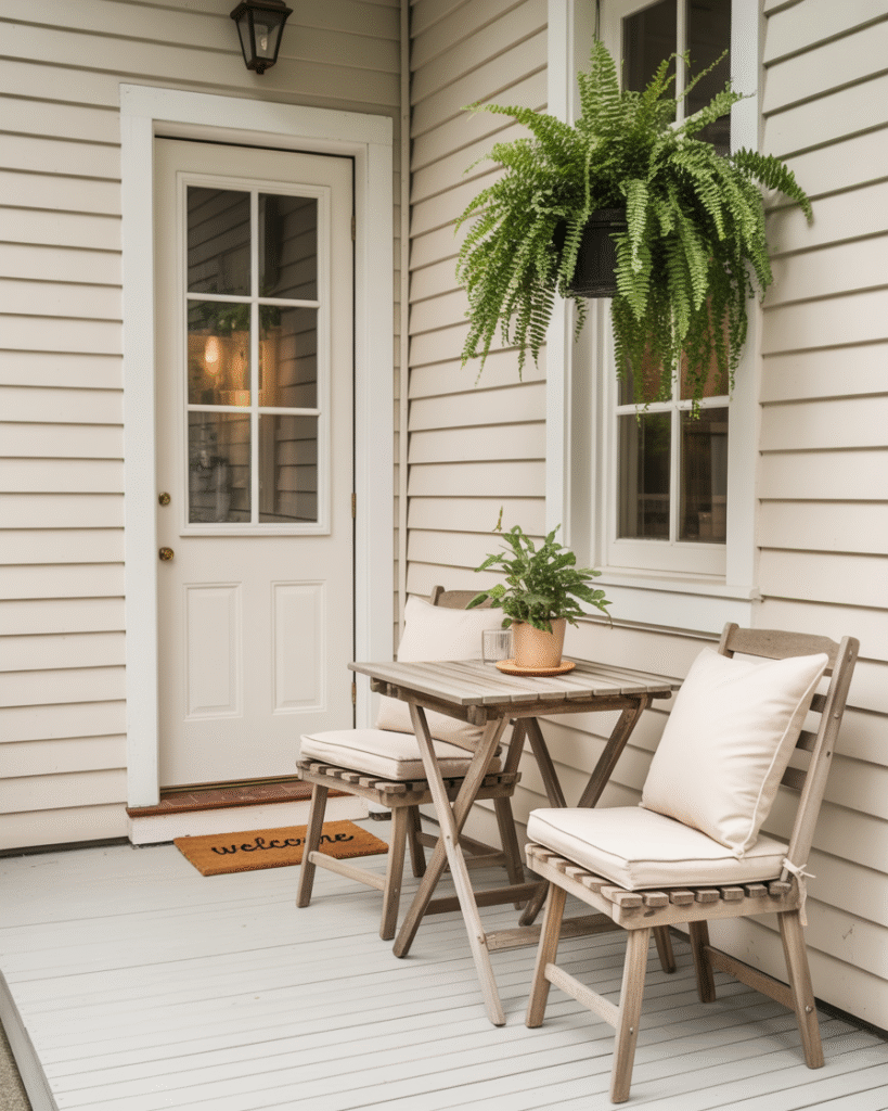 Neutral small porch with light wood bistro table set, hanging fern, and cozy cushions for a minimalist look