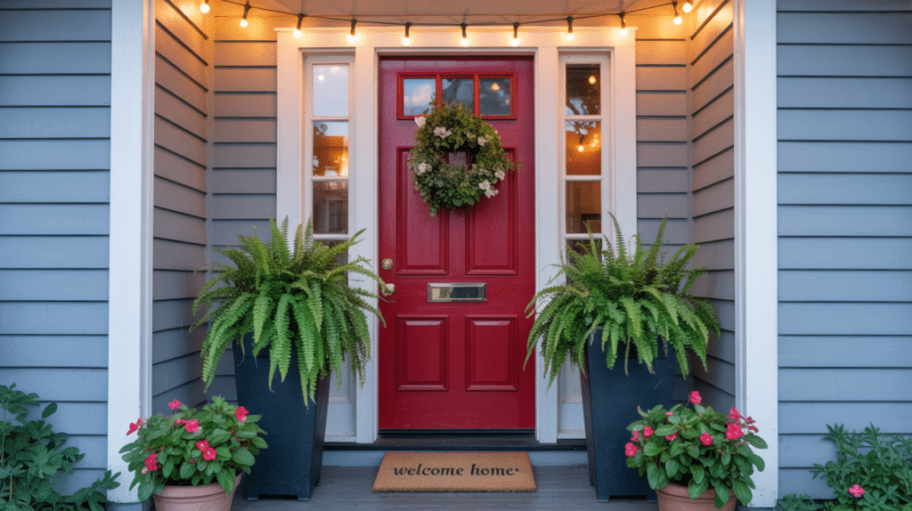 Red front door with welcome mat, potted ferns, string lights, and cozy porch styling for curb appeal