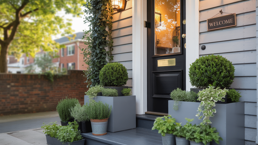Small front porch with modern box planters, topiary shrubs, trailing greenery, and a black door with a welcome sign