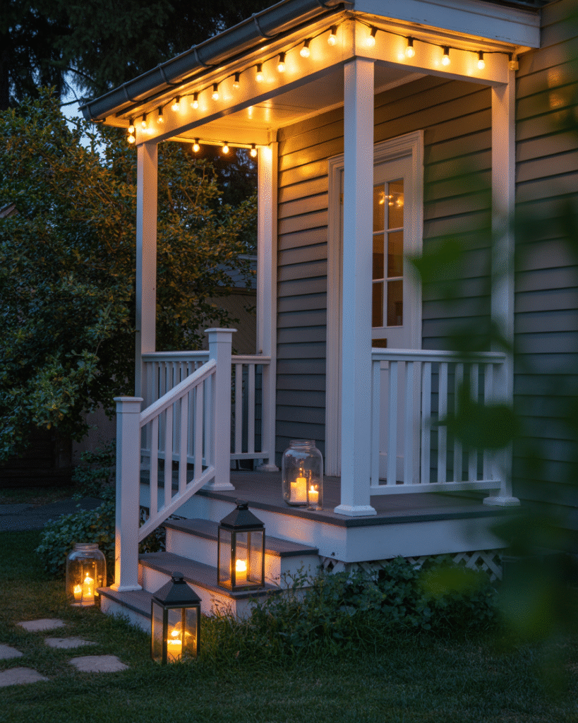 Small porch at dusk with string lights, candle lanterns, and a warm, inviting glow-up