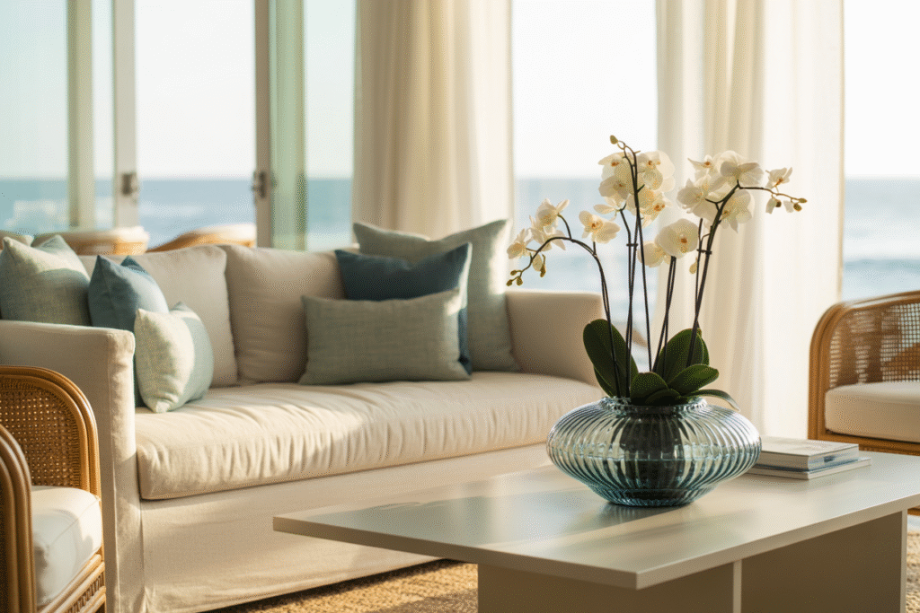 A coastal living room with a light linen sofa, ocean blue throw pillows, ripple glass vase with white orchids, and sheer curtains framing a beach view.