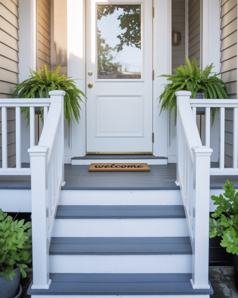 Small white front porch with ferns, striped steps, a welcome doormat, and a clean glass-paneled door