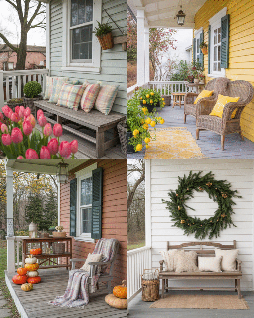 Collage of small porch setups with seasonal accessories including tulips, plaid pillows, yellow cushions, wreaths, and cozy benches