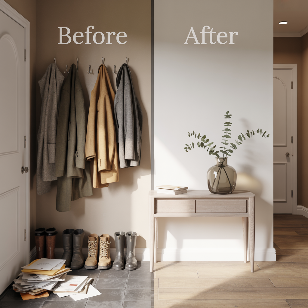 Side-by-side entryway comparison showing a cluttered space versus a minimalist, clean summer-style interior with neutral tones
