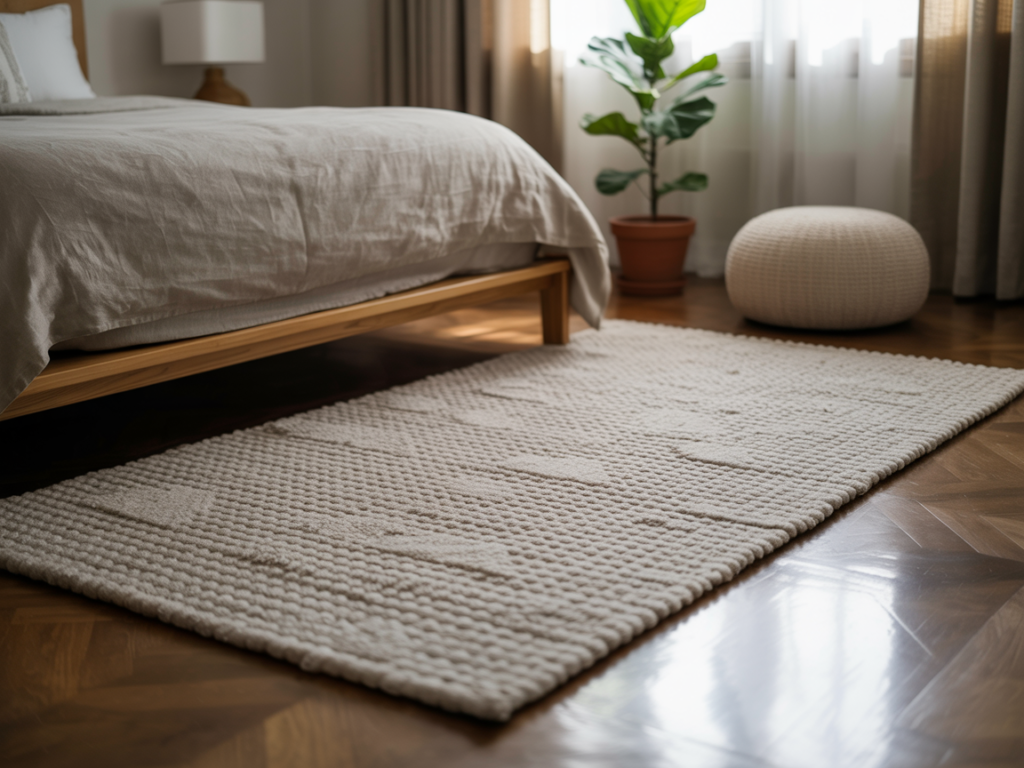 Minimalist bedroom with warm-toned rug, natural wood floors, low bed frame, cozy pouf, and leafy plant bathed in soft morning light