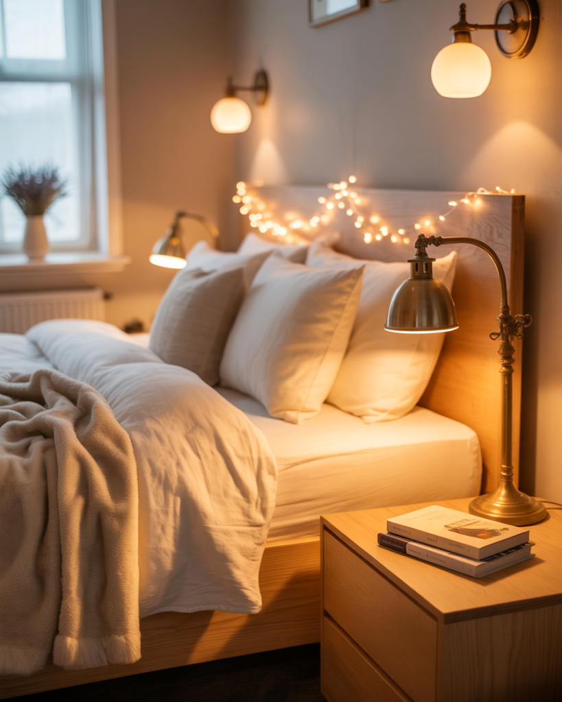 Cozy bedroom at night with layered lighting including brass sconces, a warm bedside lamp, fairy lights around the headboard, and soft neutral bedding.