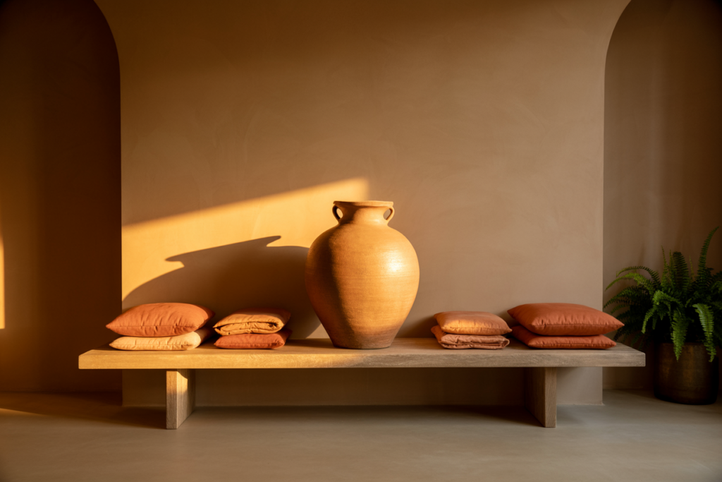 A minimalist bench styled with terracotta pillows, a folded peach throw, and a large clay vase, all bathed in soft golden sunset light against a neutral wall.