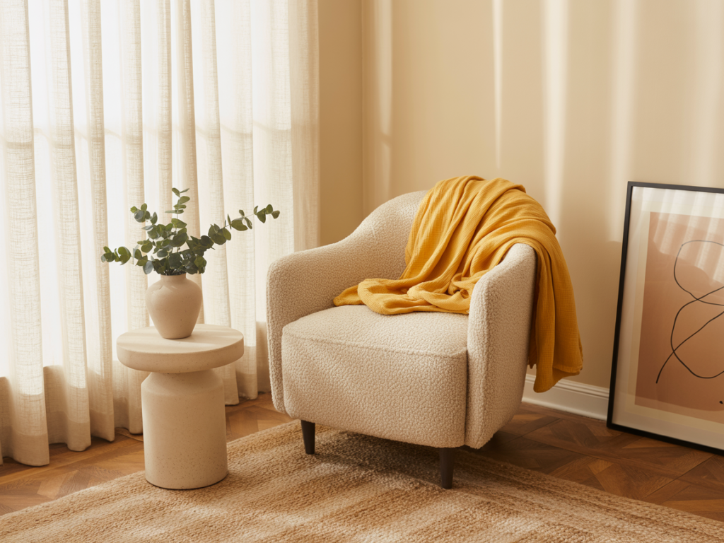 Cozy modern reading nook featuring a textured cream armchair draped with a mustard yellow throw blanket, beside a sculptural stone side table with a ceramic vase and eucalyptus stems. Soft natural light filters through sheer curtains, with abstract wall art leaning casually on the floor, all set on a woven neutral rug.