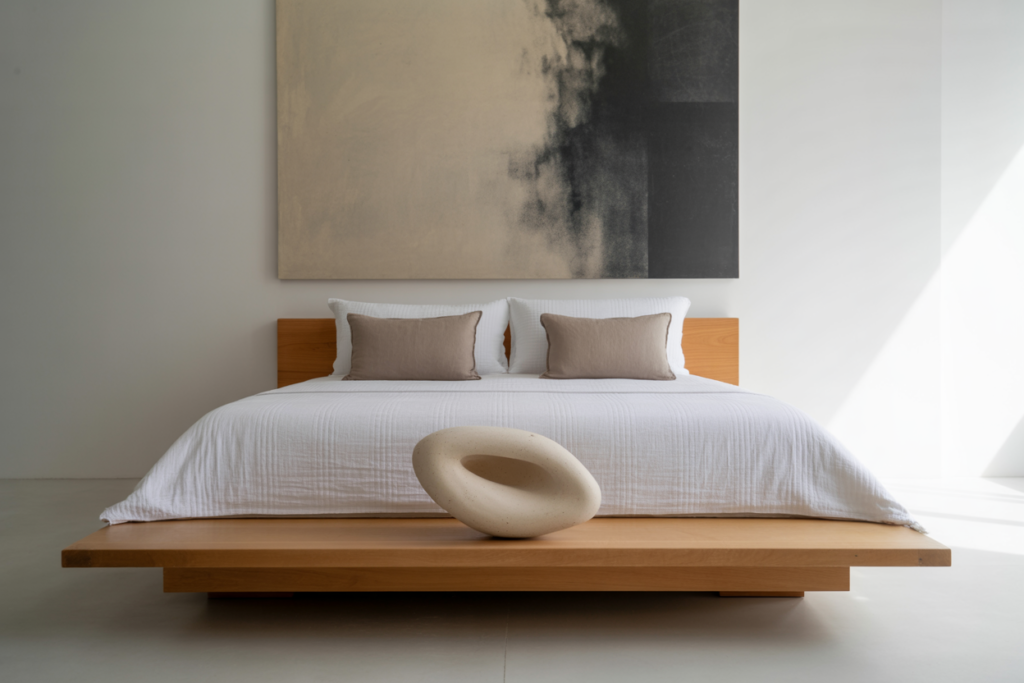 Minimalist bedroom with a low wooden platform bed, white bedding, beige accent pillows, abstract wall art, and a sculptural stone decor piece at the foot of the bed in a neutral, sunlit space.