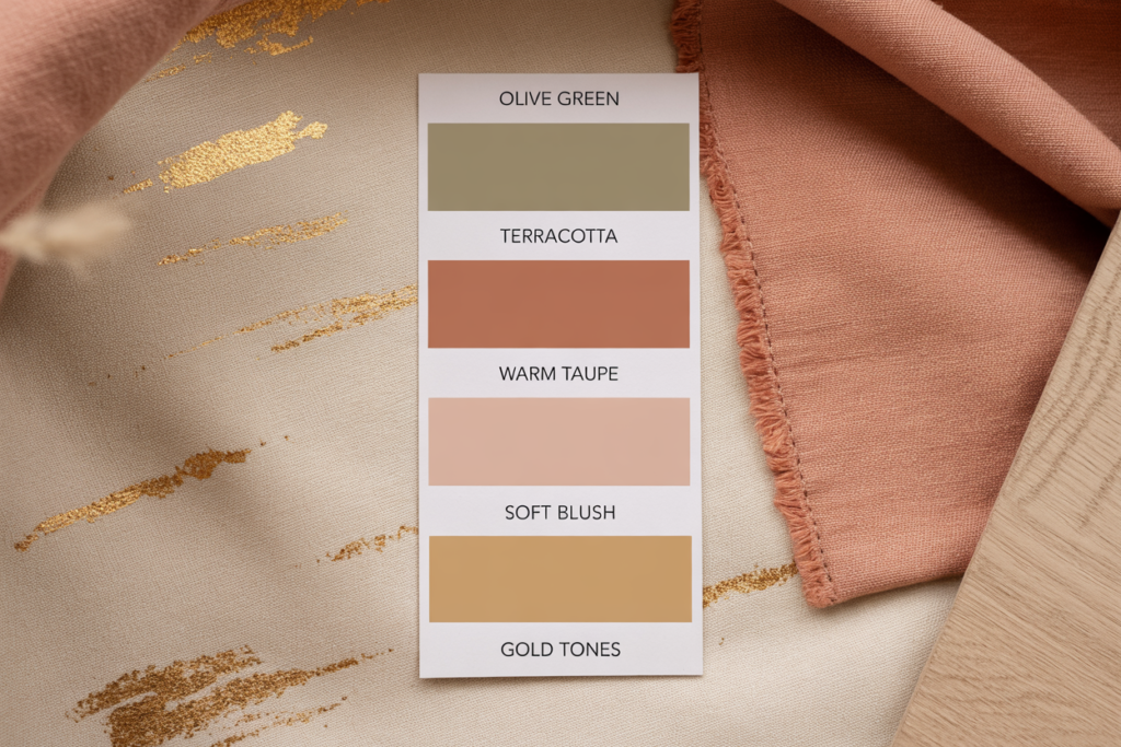 Digital color palette showing labeled swatches in olive green, terracotta, warm taupe, soft blush, and gold tones, laid over a soft textured background.