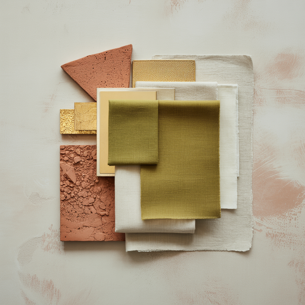 Flatlay featuring olive green and white fabric swatches layered with terracotta textures and gold metal tiles, showcasing a curated summer color palette.