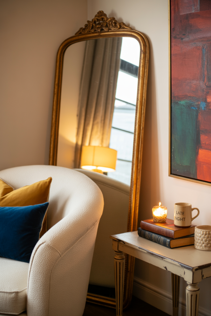 Ornate gold mirror reflecting cozy lamp light beside boucle chair, candle, and abstract art in moody corner vignette