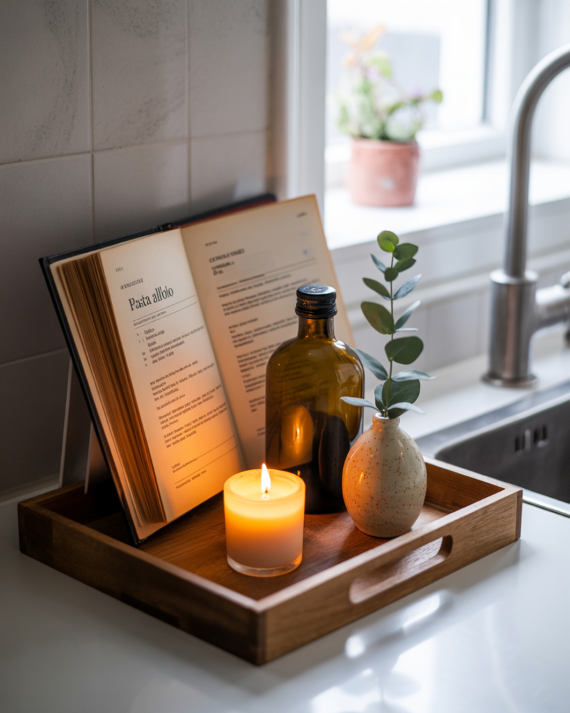 Stylish kitchen corner with a wooden tray holding an open cookbook, a lit candle, a ceramic vase with greenery, and a brown glass bottle, placed beside a sink with natural daylight coming through the window.