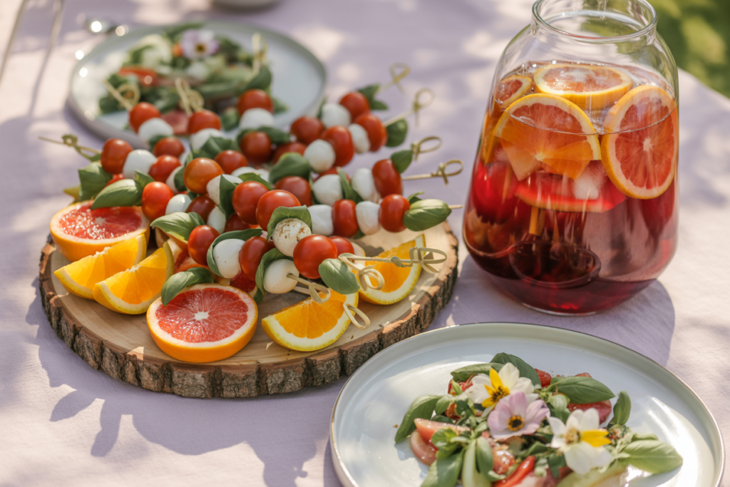 Styled summer appetizer and drink setup featuring colorful skewers, a salad topped with edible flowers, and a pitcher of sangria, all displayed on wood slice platters for a designer-inspired alfresco look.
