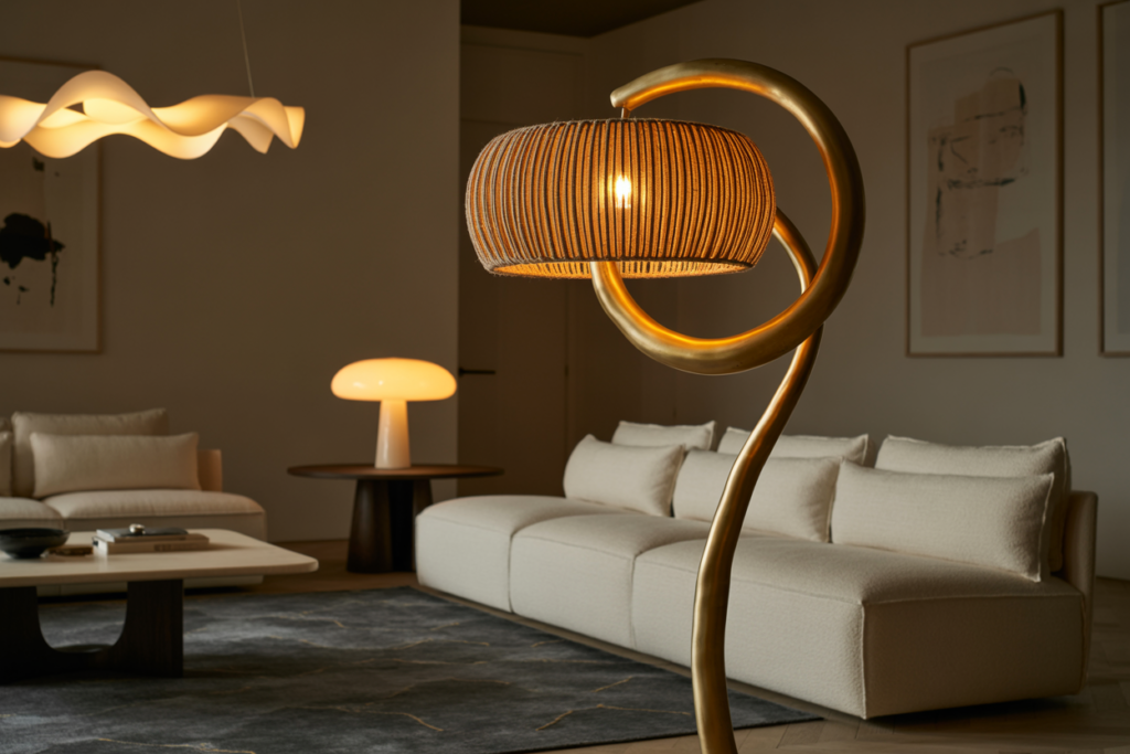 A sculptural looped floor lamp with a woven texture stands beside a white sofa and a soft mushroom table lamp, illuminated by a glowing wavy pendant light, blending lighting design with modern art.