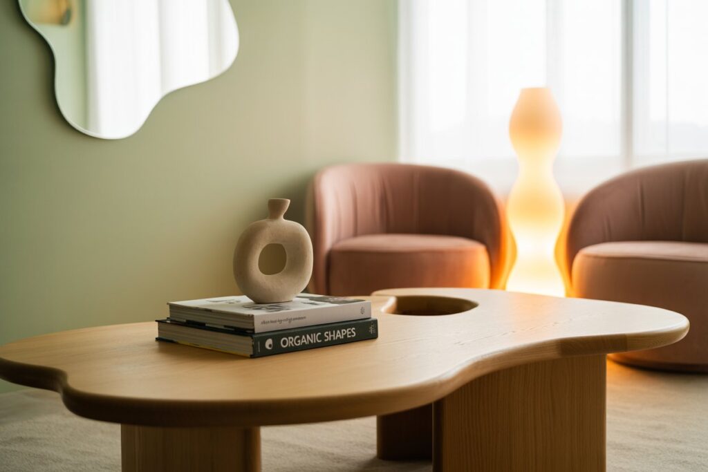 Curved wooden coffee table styled with neutral decor and modern books in a minimalist living room featuring blush velvet chairs, an abstract mirror, and a sculptural floor lamp glowing softly in the background.