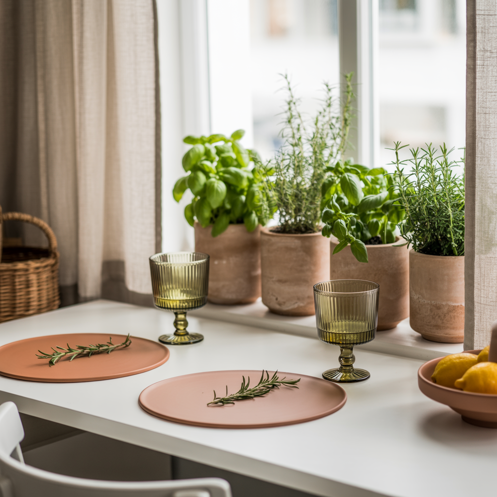 Stylish kitchen nook with footed olive-toned glassware, rosemary sprigs on terracotta placemats, and fresh herbs in textured pots, styled with lemons and soft natural lighting.
