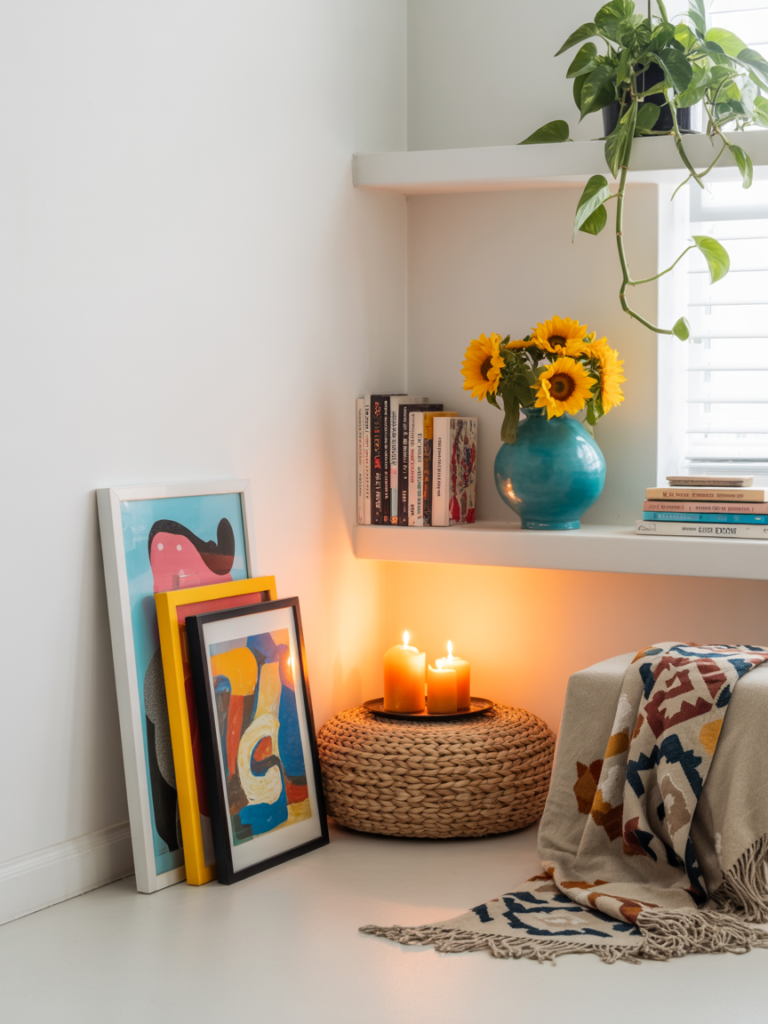 Bright and cozy corner styled with a woven pouf topped with glowing orange candles, abstract art leaning against the wall, and a shelf filled with books and trailing plants. A turquoise vase with fresh sunflowers adds a cheerful touch, while a southwestern-style blanket drapes over the floor, creating a relaxed and lived-in feel.