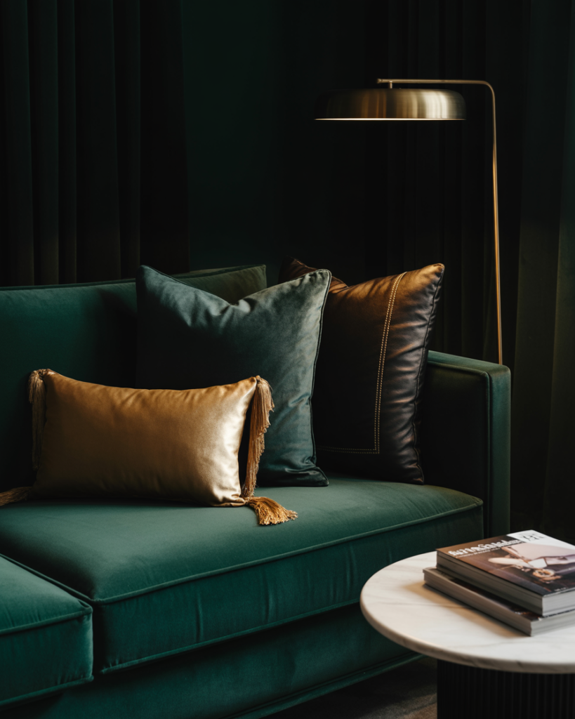 Dark emerald velvet sofa styled with a dramatic combo of emerald green velvet, black faux leather, and gold velvet lumbar pillows, set in a moody living room with luxe lighting and rich textures.