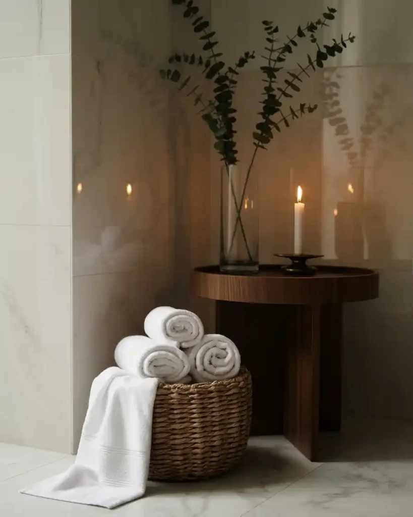 Spa-style bathroom corner with a woven basket of rolled white towels, a wooden round side table, a tall glass vase with eucalyptus stems, and a lit taper candle. The scene features soft shadows and a calm, luxurious atmosphere.