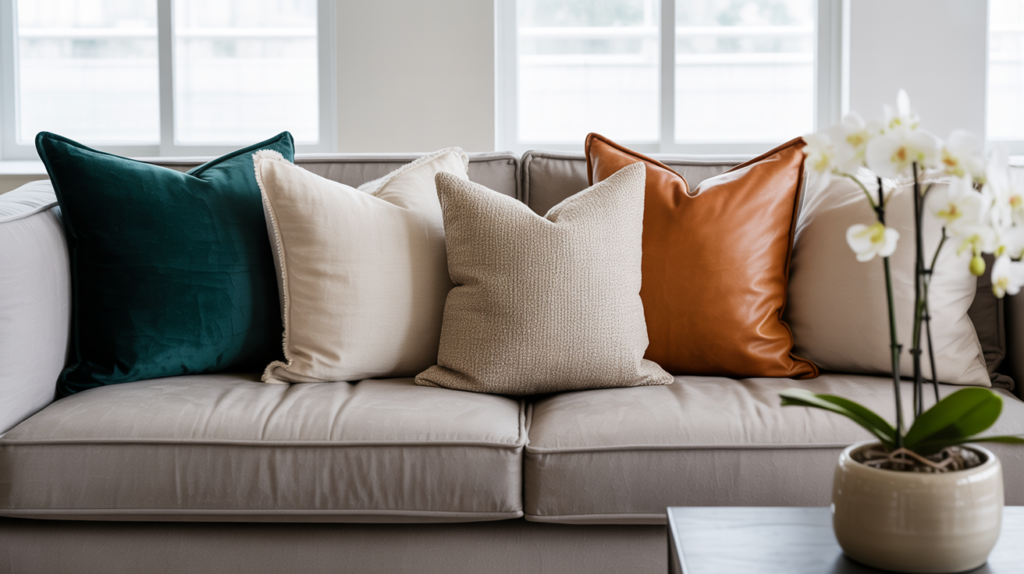 Designer throw pillow combo on a modern cream sofa, featuring rich emerald green, burnt orange, and boucle textures in a sunlit luxury living room.
