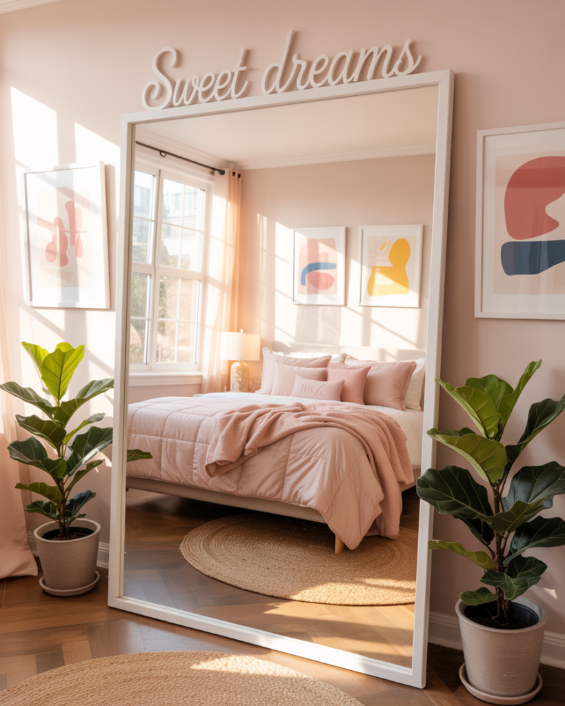 Full-length white mirror reflecting blush pink bedroom with soft natural light, abstract art, and fiddle leaf fig plants