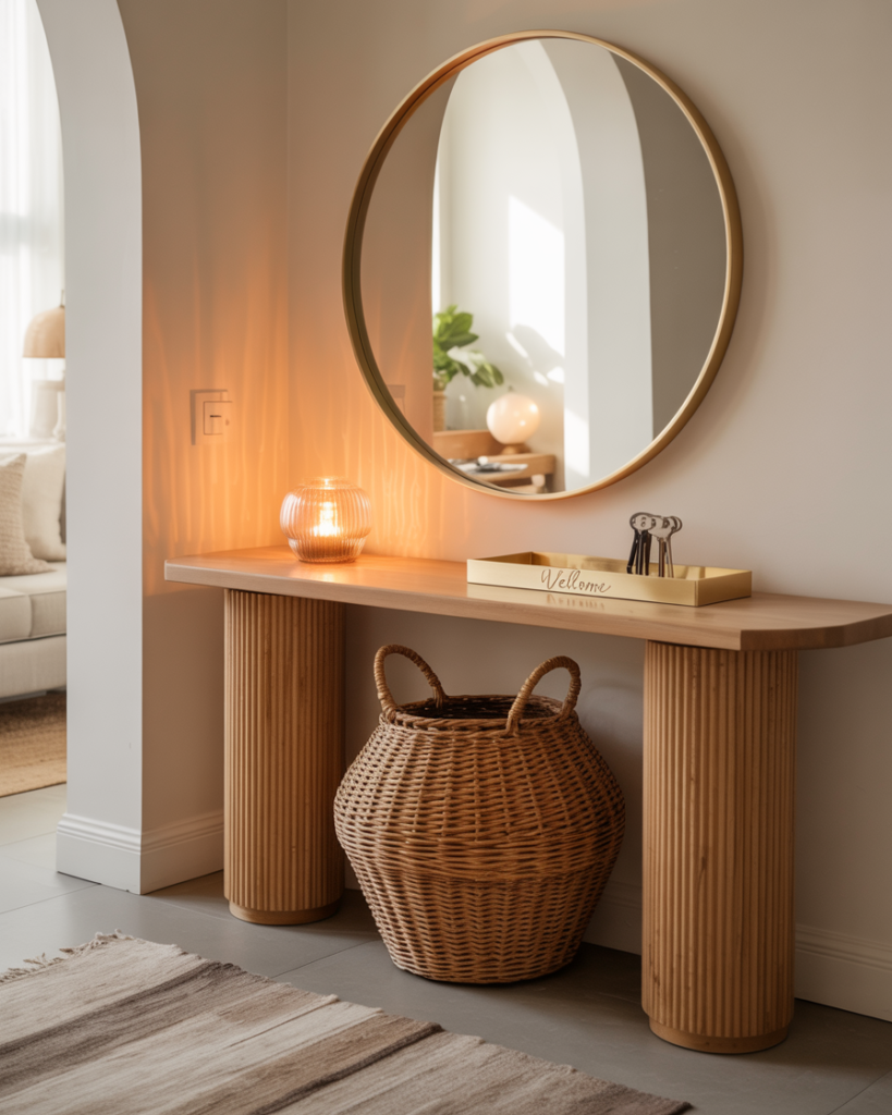 Modern entryway with a fluted wood console table styled with a round gold-framed mirror, a lit ribbed glass candle holder, and a gold welcome tray with keys. A woven basket sits below the table, and soft morning light reflects off the arched wall, creating a warm, welcoming, and curated first impression.
