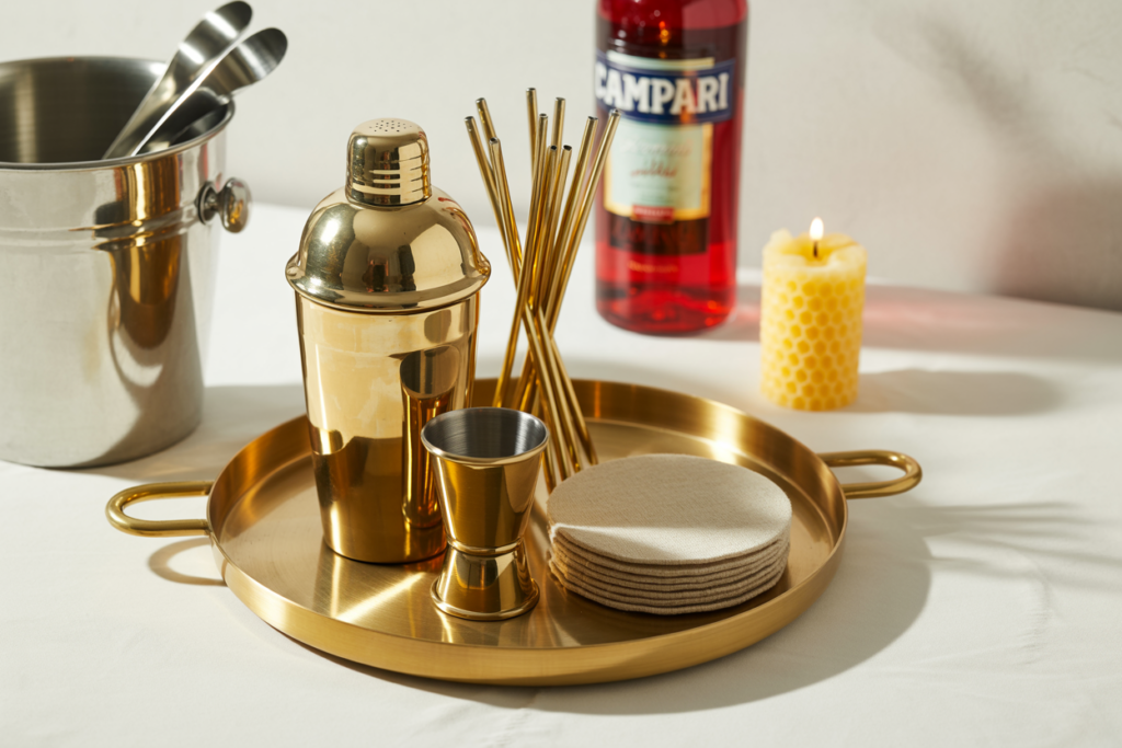 Modern bar cart essentials styled on a round gold tray, featuring a metallic cocktail shaker, jigger, reusable gold straws, beige fabric coasters, and an ice bucket. A bottle of Campari and a glowing honeycomb candle in the background add a warm, luxe touch—perfect for a chic cocktail setup.