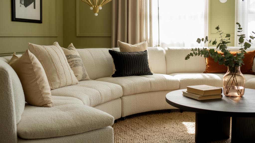 Modern living room with a curved boucle sectional sofa styled with neutral and rust velvet pillows, set against dill green paneled walls. A round black coffee table holds stacked books and a blush glass vase with eucalyptus stems, all grounded by a natural woven jute rug and soft filtered light.