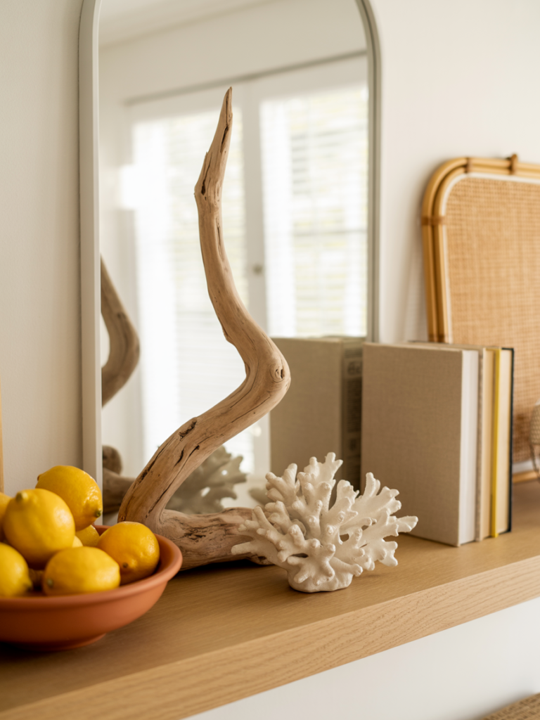 Summer shelf styling scene featuring a sculptural driftwood piece, a ceramic coral accent, and a terracotta bowl of fresh lemons placed in front of an arched mirror. Neutral linen books with minimalist spines sit to the right, while natural light filters in through white blinds in the background. The wood shelf and soft rattan detail add warmth and a coastal boho feel to the vignette.