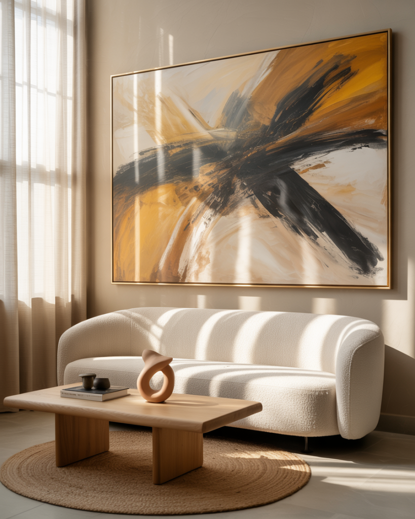 Bright modern living room with soft natural light, featuring a white boucle curved sofa, abstract mustard and black oversized artwork, a minimalist light wood coffee table with sculptural decor, and a round jute rug. Neutral luxe aesthetic with warm tones.