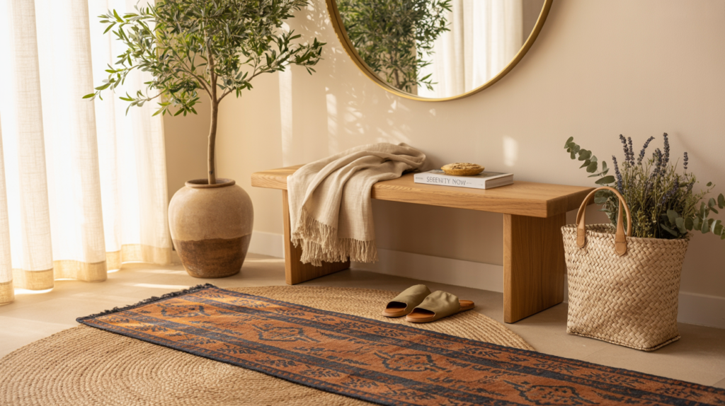 Neutral modern entryway with layered rugs—round jute rug topped with a rust and indigo vintage runner. Minimal wood bench styled with a soft throw, stacked books, and ceramic cup. Large round mirror reflects natural light. Olive tree in a textured planter and a woven tote with dried florals complete the serene, Pinterest-worthy look.