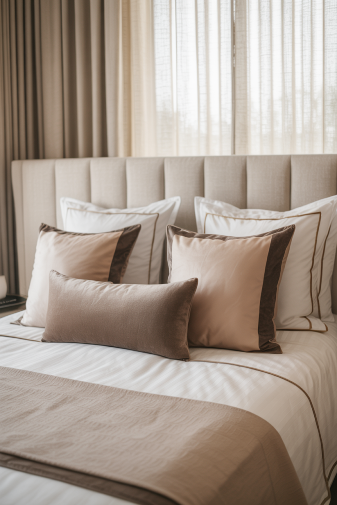 Elegant neutral-toned bed with layered beige and brown accent pillows, a light taupe upholstered headboard, and matching curtains. The crisp white bedding is detailed with subtle brown piping, creating a polished and sophisticated hotel-style look.