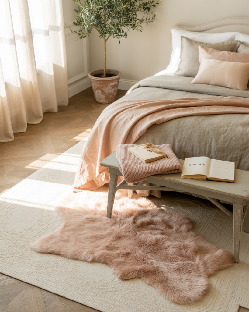 Soft, feminine bedroom featuring layered rugs—an ivory textured rug with a blush pink faux fur rug on top at the foot of the bed. The bed is styled with muted blush and stone gray linen bedding, and a vintage wooden bench sits at the end with folded knit fabric, a book, and soft natural lighting. Potted olive tree in the corner adds a fresh, earthy touch.