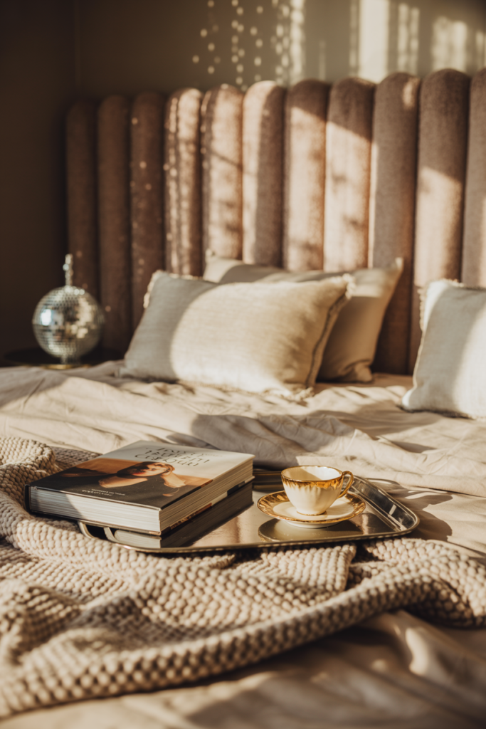 Cozy bedroom scene with warm sunlight streaming in; a velvet tufted headboard in soft blush tones, neutral throw pillows, and a beige knit blanket. A silver tray on the bed holds a gold-rimmed teacup and saucer beside a thick coffee table book. A small disco ball sits on the nightstand, casting soft light patterns on the wall.