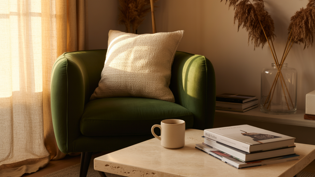 Cozy minimalist reading nook with a plush emerald green accent chair and textured cream throw pillow. A travertine coffee table holds a neutral-toned mug and stacked design books. Warm golden-hour sunlight filters through linen curtains, creating soft shadows. Pampas grass in a glass vase adds natural texture to the serene, high-end interior scene.