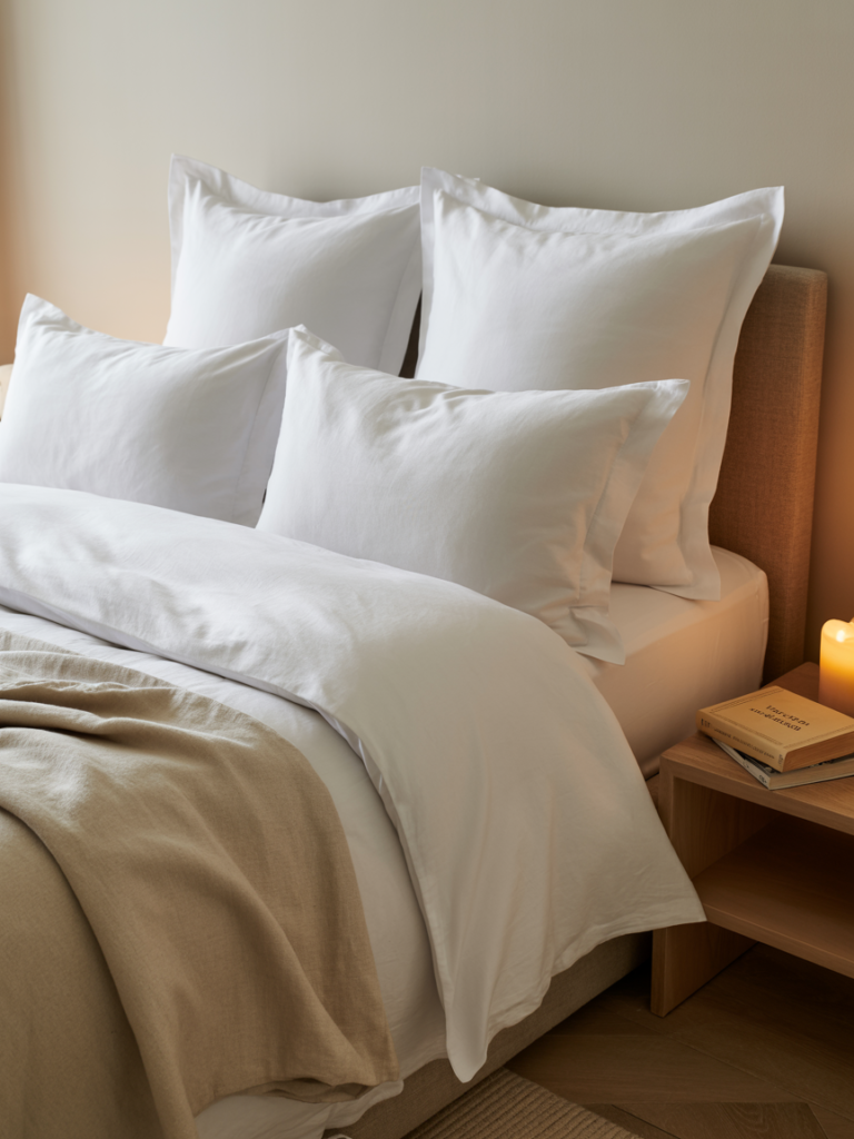 Minimalist bedroom setup with crisp white pillows and duvet on a beige upholstered bed. A soft tan linen throw adds warmth, while a lit candle and stacked books rest on a wooden nightstand. The scene is softly lit, creating a calm, luxurious, and cozy atmosphere perfect for relaxation.