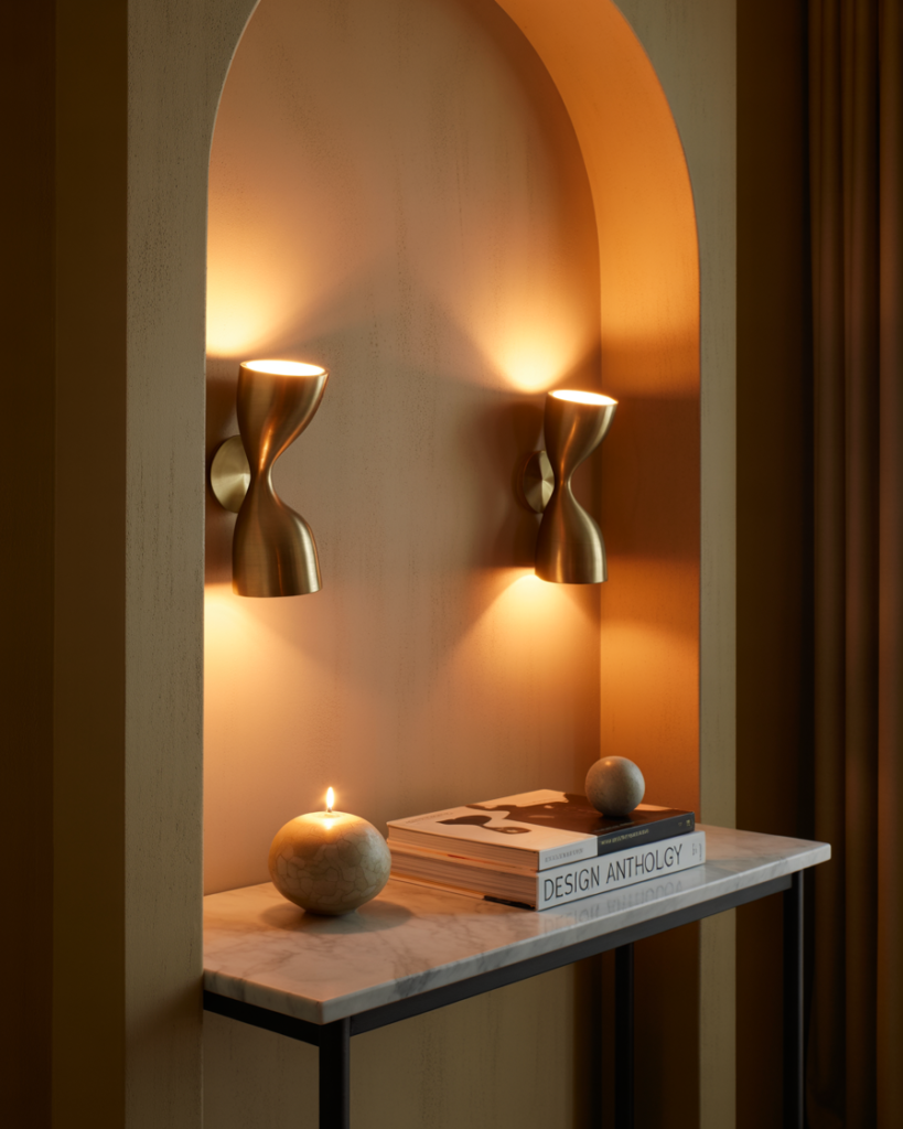 Elegant interior niche with a warm glow from sculptural brass wall sconces, highlighting a marble-top console table styled with art books, a round candle, and decorative spheres. Sophisticated, moody ambiance with modern luxe decor and architectural arch detailing.